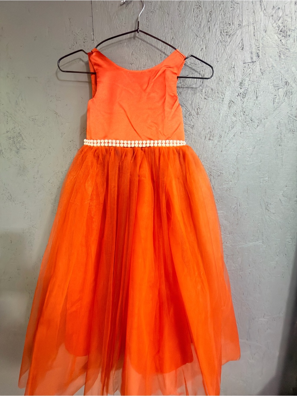Girl's Orange Tulle Dress with Pearl Waistband